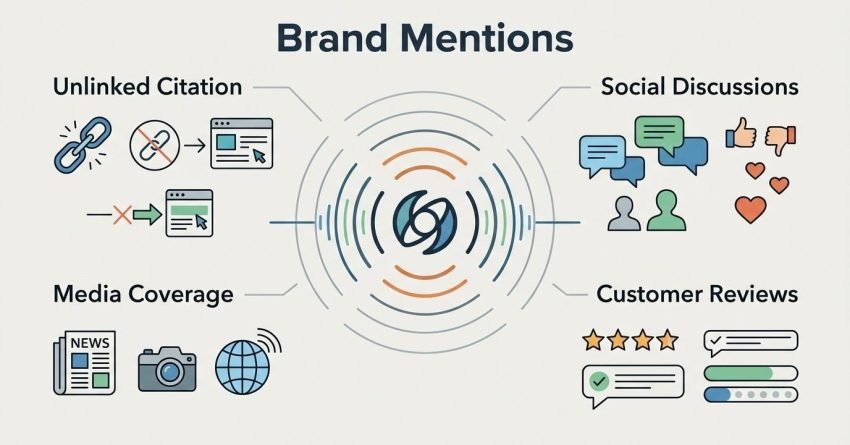 Infographic on brand mentions, detailing unlinked citation, social discussions, media coverage, and customer reviews.