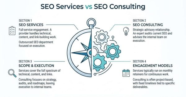 Infographic comparing SEO Services versus SEO Consulting, centered around an icon split between a navigational compass and interlocking mechanical gears, outlining key differences across four numbered sections: core definitions, advisory roles, execution scopes, and retainer versus project-based engagement models