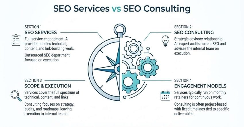 Infographic comparing SEO Services versus SEO Consulting, centered around an icon split between a navigational compass and interlocking mechanical gears, outlining key differences across four numbered sections: core definitions, advisory roles, execution scopes, and retainer versus project-based engagement models