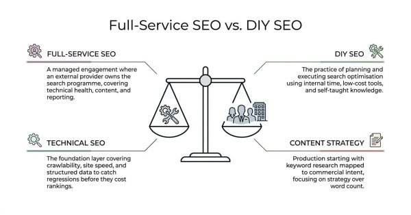 Educational infographic titled 'Full-Service SEO vs. DIY SEO' centered on a balance scale weighing technical tools and gears on the left against an in-house team and office building on the right, defining both models alongside core considerations for technical SEO and content strategy