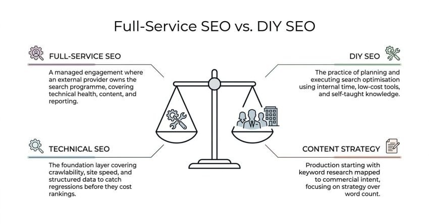 Educational infographic titled 'Full-Service SEO vs. DIY SEO' centered on a balance scale weighing technical tools and gears on the left against an in-house team and office building on the right, defining both models alongside core considerations for technical SEO and content strategy