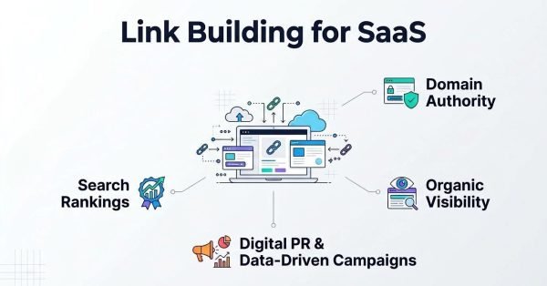 Infographic on link building for SaaS, highlighting domain authority, search rankings, organic visibility, and digital PR and data-driven campaigns.