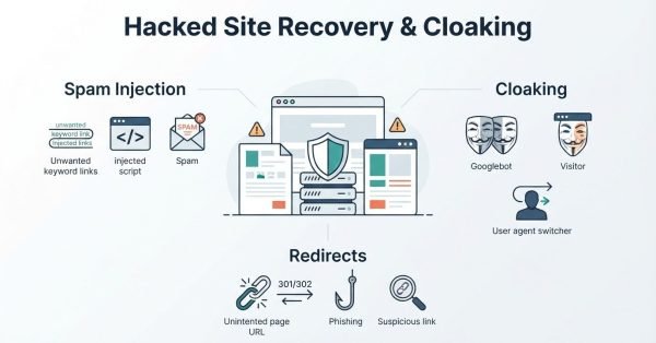 Infographic titled 'Hacked Site Recovery & Cloaking' illustrating spam injection on the left-covering unwanted keyword links, injected scripts, and spam messages-cloaking on the right-covering Googlebot versus visitor differences and user agent switchers—and redirects at the bottom-covering unintended page URLs, 301/302 redirects, phishing, and suspicious links—surrounding a central secure website shield icon.
