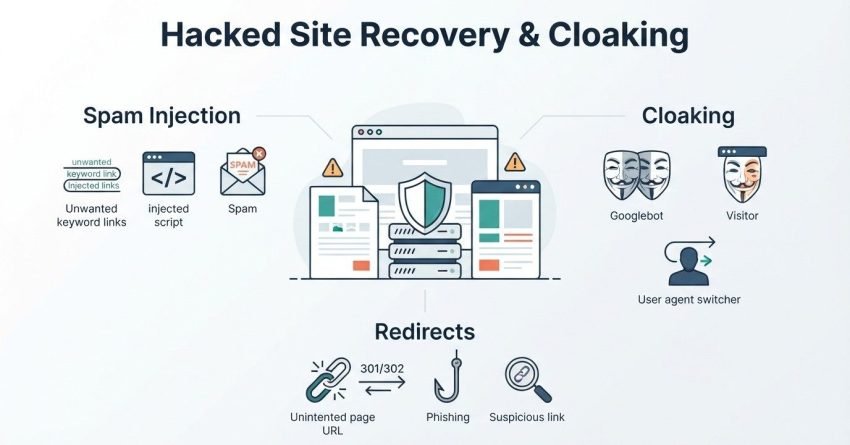 Infographic titled 'Hacked Site Recovery & Cloaking' illustrating spam injection on the left-covering unwanted keyword links, injected scripts, and spam messages-cloaking on the right-covering Googlebot versus visitor differences and user agent switchers—and redirects at the bottom-covering unintended page URLs, 301/302 redirects, phishing, and suspicious links—surrounding a central secure website shield icon.