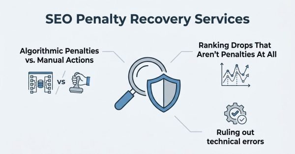 Infographic titled 'SEO Penalty Recovery Services' illustrating algorithmic penalties versus manual actions on the left, ranking drops that aren't penalties at all on the top right, and ruling out technical errors on the bottom right, surrounding a central magnifying glass and shield icon.