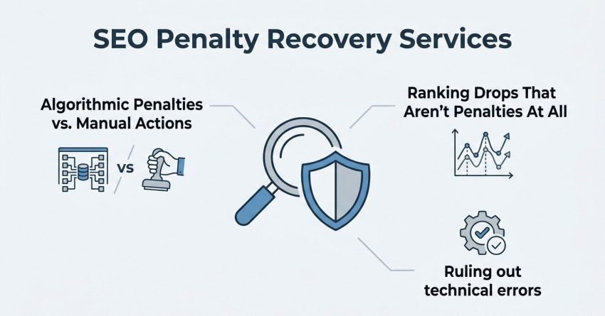 Infographic titled 'SEO Penalty Recovery Services' illustrating algorithmic penalties versus manual actions on the left, ranking drops that aren't penalties at all on the top right, and ruling out technical errors on the bottom right, surrounding a central magnifying glass and shield icon.