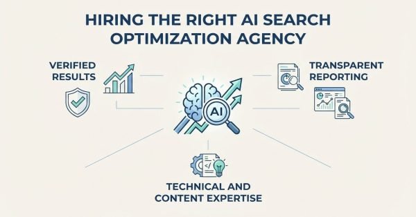 Infographic on hiring the right AI search optimization agency, detailing verified results, transparent reporting, and technical and content expertise