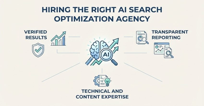 Infographic on hiring the right AI search optimization agency, detailing verified results, transparent reporting, and technical and content expertise