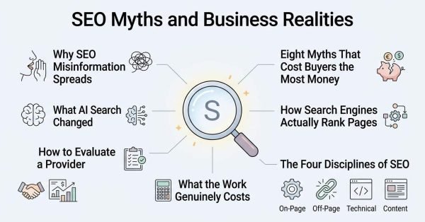 Infographic on SEO myths and business realities, detailing why SEO misinformation spreads, eight costly myths, how search engines rank pages, the four disciplines of SEO, work costs, and provider evaluation