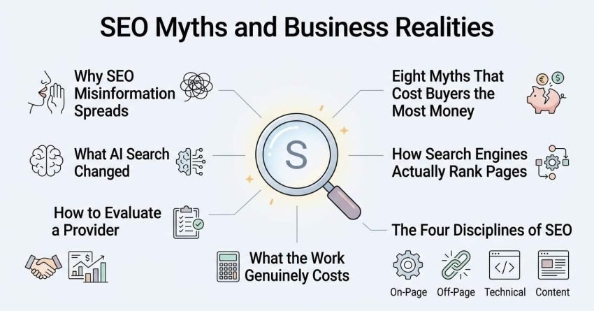 Infographic on SEO myths and business realities, detailing why SEO misinformation spreads, eight costly myths, how search engines rank pages, the four disciplines of SEO, work costs, and provider evaluation