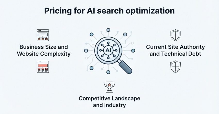 Infographic on pricing for AI search optimization, detailing business size and website complexity, current site authority and technical debt, and competitive landscape and industry