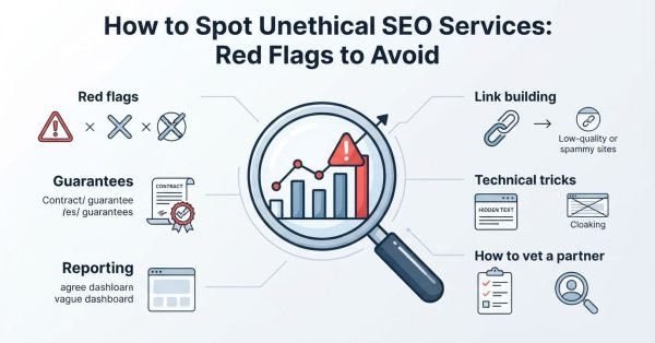 B2B procurement and vendor risk infographic titled 'How to Spot Unethical SEO Services: Red Flags to Avoid' detailing warning signals across rankings, guarantees, reporting, link building, and technical tricks around a central magnifying glass inspecting an artificial traffic spike with a hazard warning icon