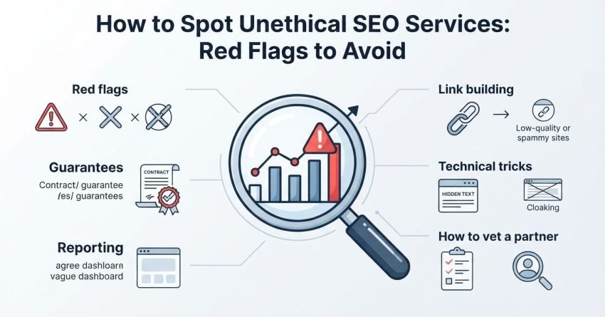 B2B procurement and vendor risk infographic titled 'How to Spot Unethical SEO Services: Red Flags to Avoid' detailing warning signals across rankings, guarantees, reporting, link building, and technical tricks around a central magnifying glass inspecting an artificial traffic spike with a hazard warning icon