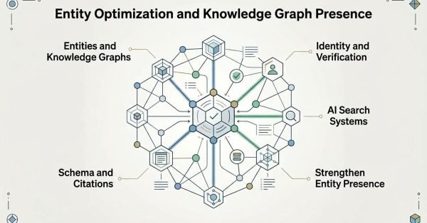 Infographic on entity optimization and knowledge graph presence, detailing entities and knowledge graphs, identity and verification, schema and citations, strengthen entity presence, and AI search systems.
