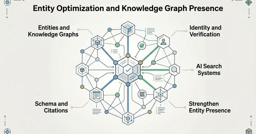 Infographic on entity optimization and knowledge graph presence, detailing entities and knowledge graphs, identity and verification, schema and citations, strengthen entity presence, and AI search systems.