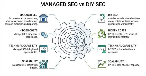Infographic comparing Managed SEO versus DIY SEO centered on a split mechanical gear illustration, contrasting an agency-outsourced service model on the left with in-house execution on the right across delivery model, hidden costs, technical capability, and scalability