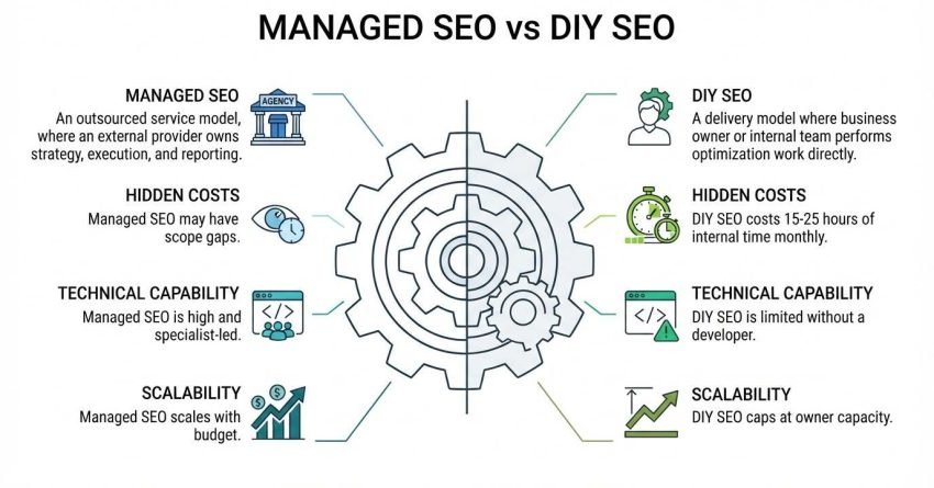 Infographic comparing Managed SEO versus DIY SEO centered on a split mechanical gear illustration, contrasting an agency-outsourced service model on the left with in-house execution on the right across delivery model, hidden costs, technical capability, and scalability