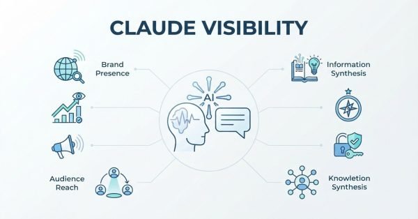 Infographic on Claude visibility, detailing brand presence, audience reach, information synthesis, and knowledge synthesis