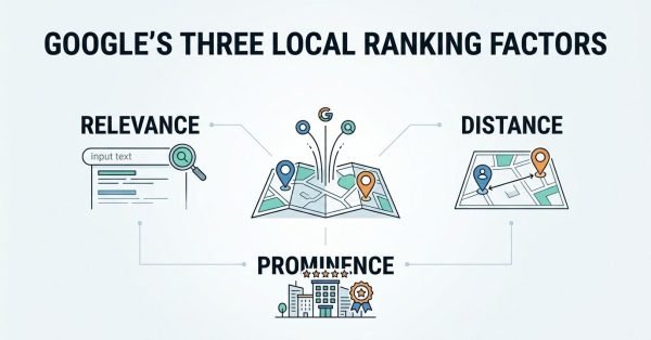 Infographic titled GOOGLE'S THREE LOCAL RANKING FACTORS displaying Relevance with an input search bar, Distance with map route tracking, and Prominence with commercial buildings and star reviews around a central map with Google location pins.