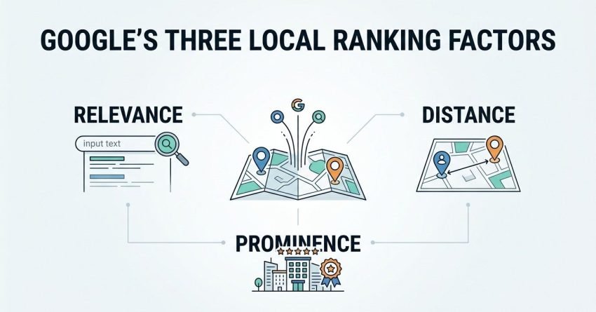 Infographic titled GOOGLE'S THREE LOCAL RANKING FACTORS displaying Relevance with an input search bar, Distance with map route tracking, and Prominence with commercial buildings and star reviews around a central map with Google location pins.