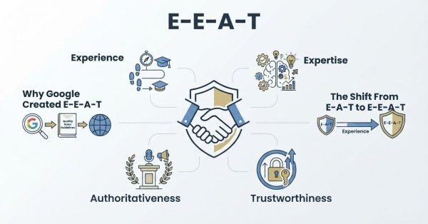 Corporate technical educational infographic titled 'E-E-A-T' detailing the four quality evaluation pillars-Experience, Expertise, Authoritativeness, and Trustworthiness-flanking background sections on 'Why Google Created E-E-A-T' and 'The Shift From E-A-T to E-E-A-T' around a central shield with a partnership handshake.