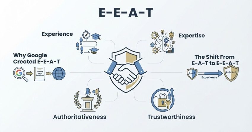 Corporate technical educational infographic titled 'E-E-A-T' detailing the four quality evaluation pillars-Experience, Expertise, Authoritativeness, and Trustworthiness-flanking background sections on 'Why Google Created E-E-A-T' and 'The Shift From E-A-T to E-E-A-T' around a central shield with a partnership handshake.