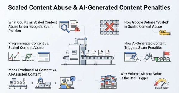 Infographic titled "Scaled Content Abuse & AI-Generated Content Policies" breaking down what counts as scaled content abuse under Google's spam policies, how Google defines scaled, the difference between programmatic content and scaled content abuse, how AI-generated content triggers spam penalties, mass-produced versus AI-assisted content, and why volume without value is the real trigger.
