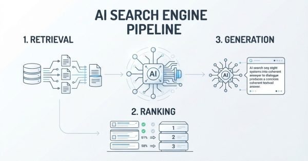 Infographic on AI search engine pipeline, detailing step 1 retrieval, step 2 ranking, and step 3 generation