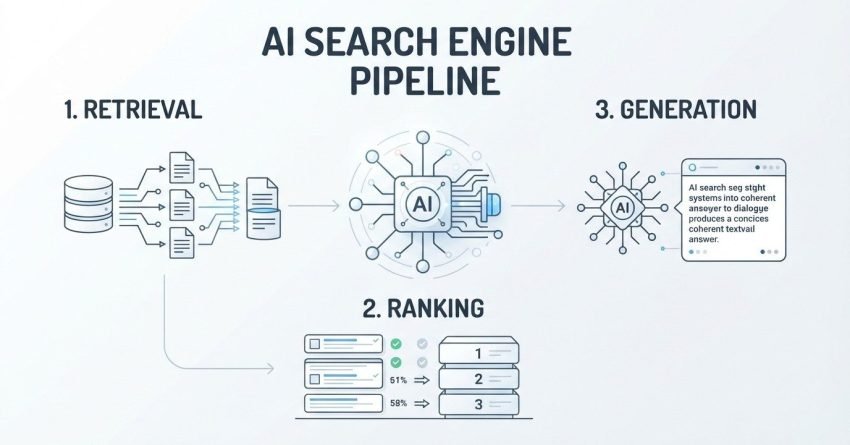 Infographic on AI search engine pipeline, detailing step 1 retrieval, step 2 ranking, and step 3 generation