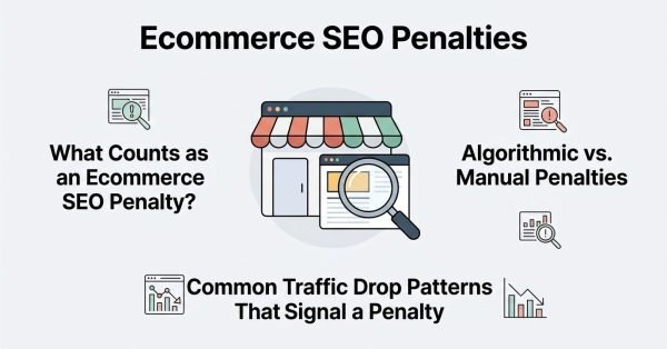 Infographic titled 'Ecommerce SEO Penalties' illustrating what counts as an ecommerce SEO penalty on the left, algorithmic versus manual penalties on the right, and common traffic drop patterns that signal a penalty at the bottom, surrounding a central storefront and magnifying glass icon.