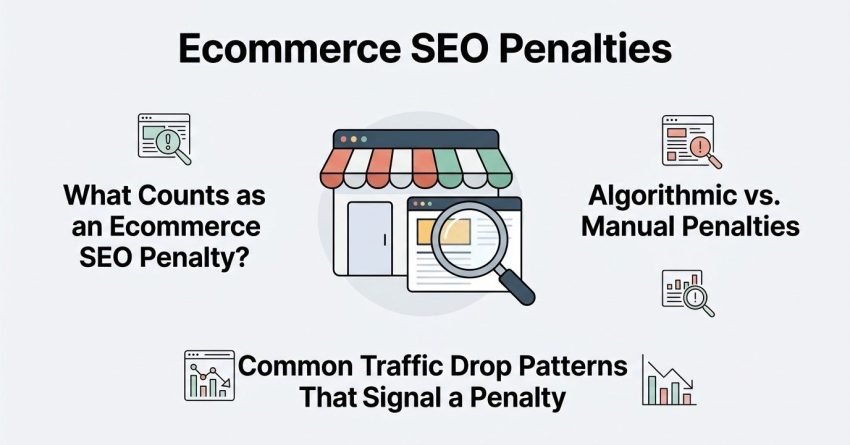 Infographic titled 'Ecommerce SEO Penalties' illustrating what counts as an ecommerce SEO penalty on the left, algorithmic versus manual penalties on the right, and common traffic drop patterns that signal a penalty at the bottom, surrounding a central storefront and magnifying glass icon.