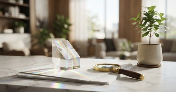 Clear optical glass prism casting rainbow spectral light flares across white paper sheets beside a brass magnifying glass on a marble table
