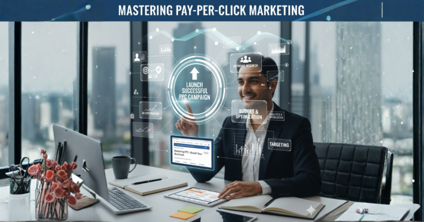 Successful PPC campaign launch strategy showing a business professional managing keyword research, budget, and targeting on a digital interface