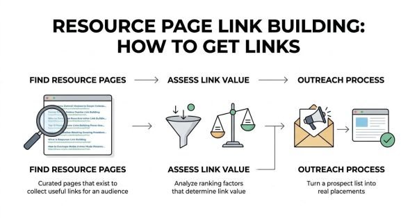 Infographic titled RESOURCE PAGE LINK BUILDING: HOW TO GET LINKS outlining a three-stage sequential workflow: 1. Find Resource Pages (curated pages that exist to collect useful links for an audience), 2. Assess Link Value (analyze ranking factors that determine link value), and 3. Outreach Process (turn a prospect list into real placements).