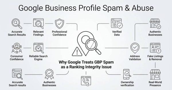 Infographic on Google Business Profile spam and abuse, detailing why Google treats GBP spam as a ranking integrity issue, accurate search results, relevant findings, professional confidence, consumer confidence, reliable search engine, verified data, authentic businesses, address validation, fake listings and removal, ownership verification, and real-world presence.