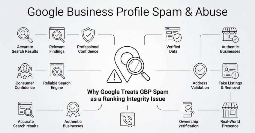 Infographic on Google Business Profile spam and abuse, detailing why Google treats GBP spam as a ranking integrity issue, accurate search results, relevant findings, professional confidence, consumer confidence, reliable search engine, verified data, authentic businesses, address validation, fake listings and removal, ownership verification, and real-world presence.